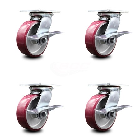 Service Caster 6 Inch Heavy Duty Poly on Aluminum Caster Set with Roller Bearings and Brakes SCC-35S620-PAR-SLB-4